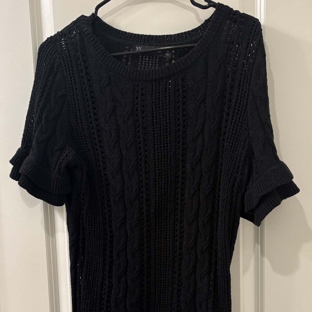 New York & Company Black Open-Knit Short Sleeve Sweater